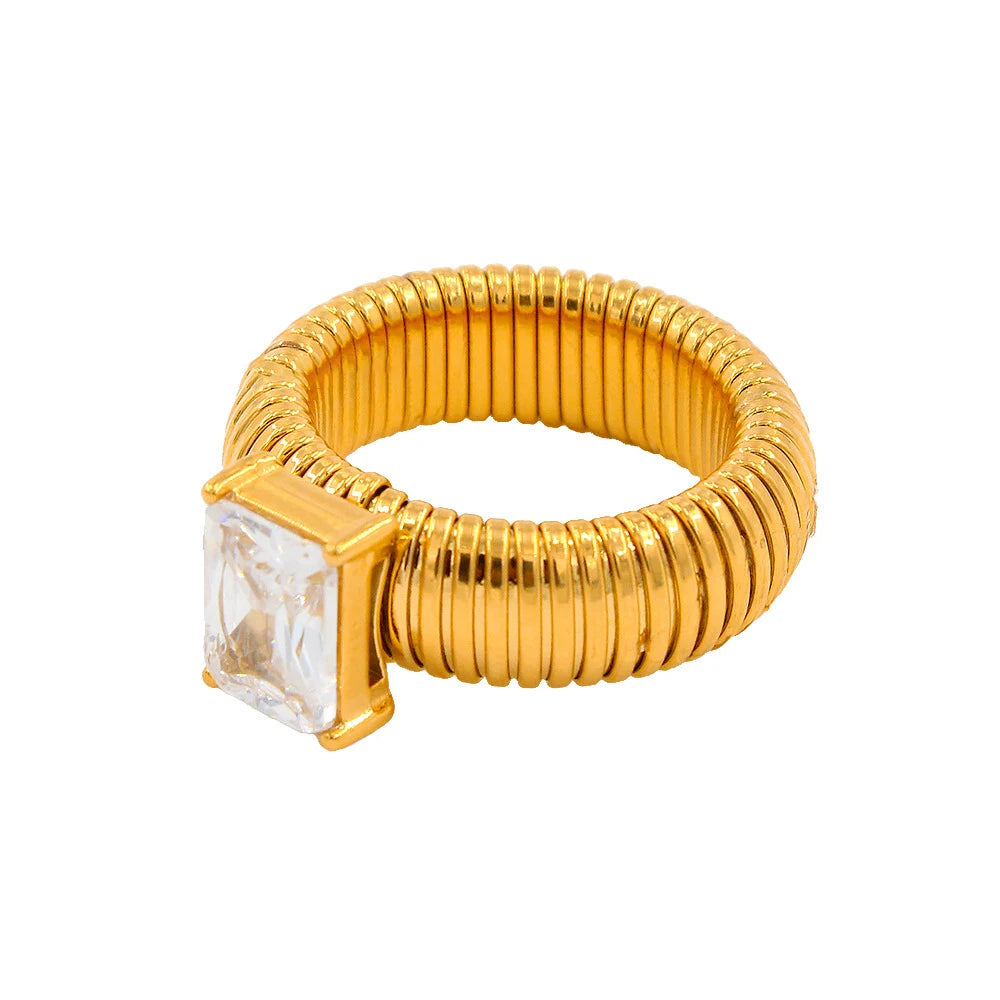 18K Gold Plated Stainless Steel CZ Geometric Twist Chunky Wedding Ring