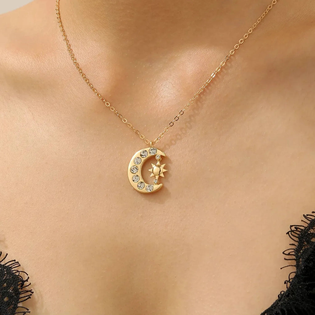 Zircon Moon Sun Pendant Necklace Copper Chain Vintage Gift 2026