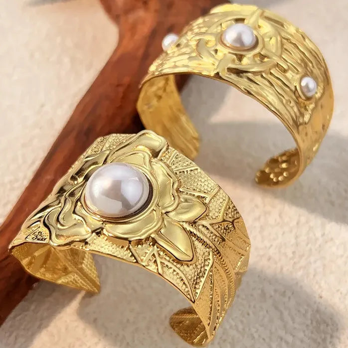 Imitation Pearl Wide Stainless Steel Open Cuff Bangle Bracelet Jewelry Party