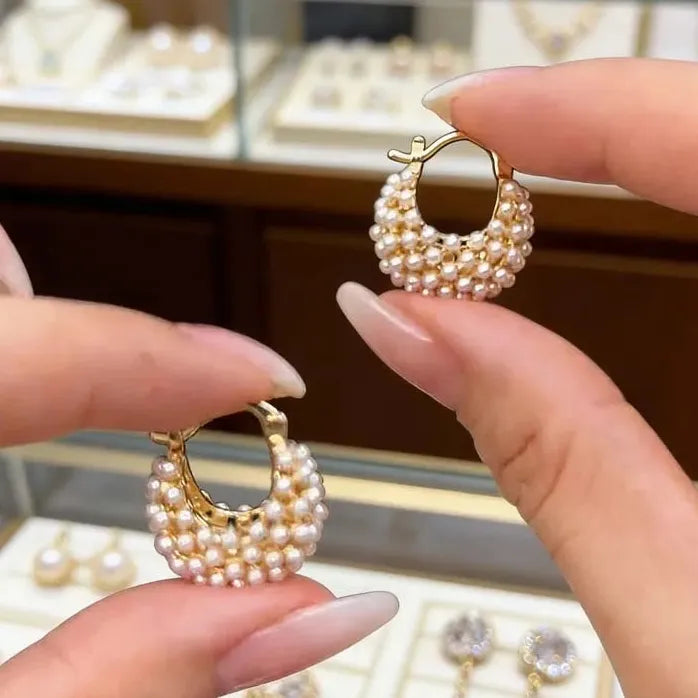 Imitation Pearl Hoop Earrings for Women Girls Hollow Flower Basket Design