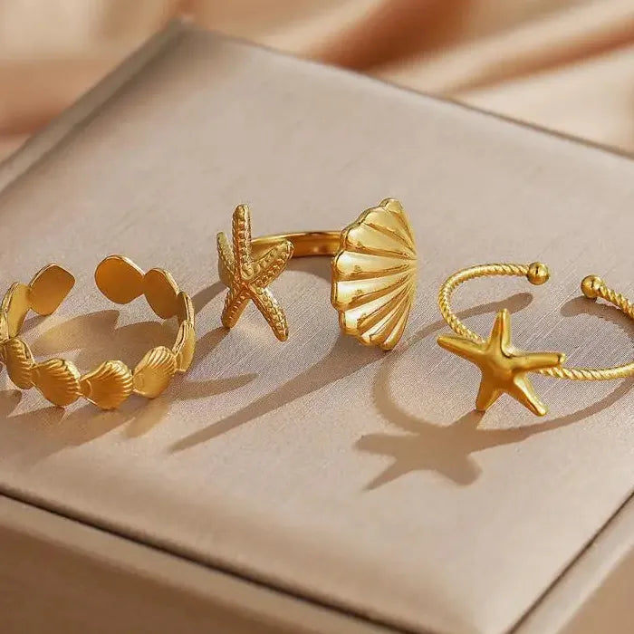 3Pcs Women's Ocean Starfish Shell Open Rings Gold Stainless Steel Jewelry Set