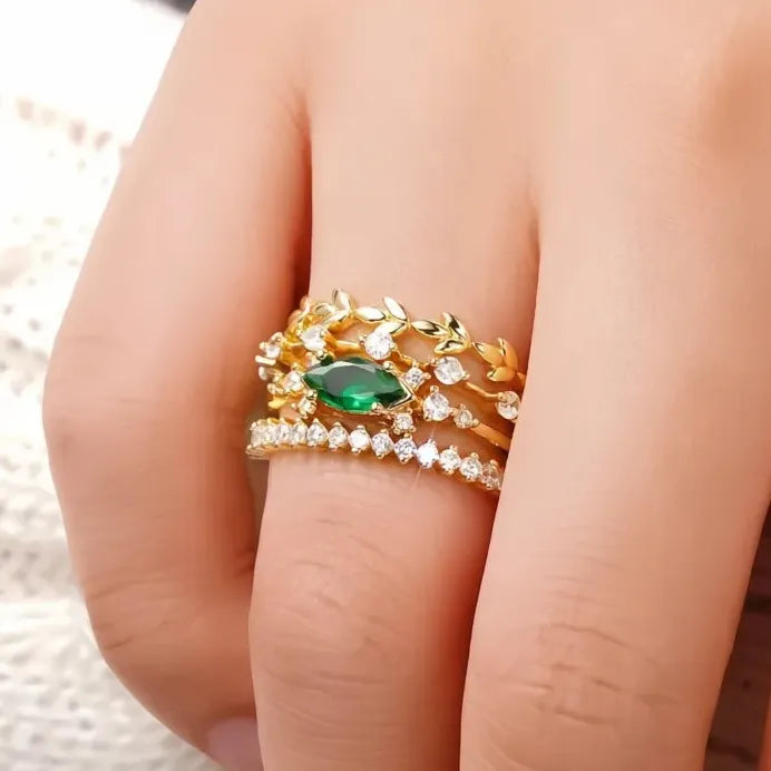 Gold Silver Green CZ Bridal Party Rings Set Fashion Jewelry Collection