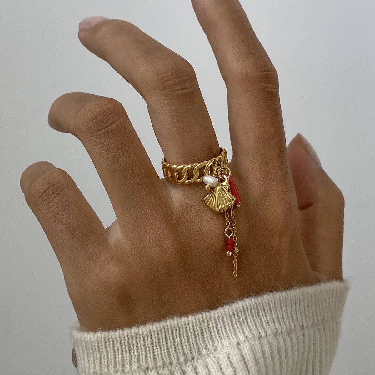 Stainless Steel Personality Rock Tassels Scallop Shell Pearl Red Beads Knuckle Ring