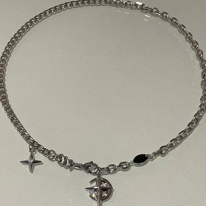 Y2K Cuban Figaro Chain Star Moon Pendant Necklace Zinc Alloy Jewelry