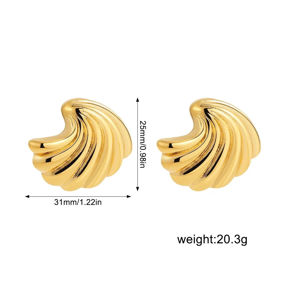 18K Gold Plated Stainless Steel Waterproof Ribbed Large Shell Stud Earrings
