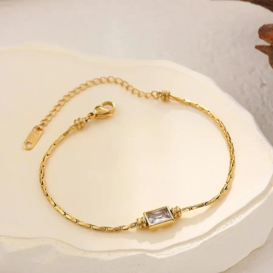 Adjustable Gold Plated Stainless Steel Snake Chain Square Crystal Zirconia Bracelet Women