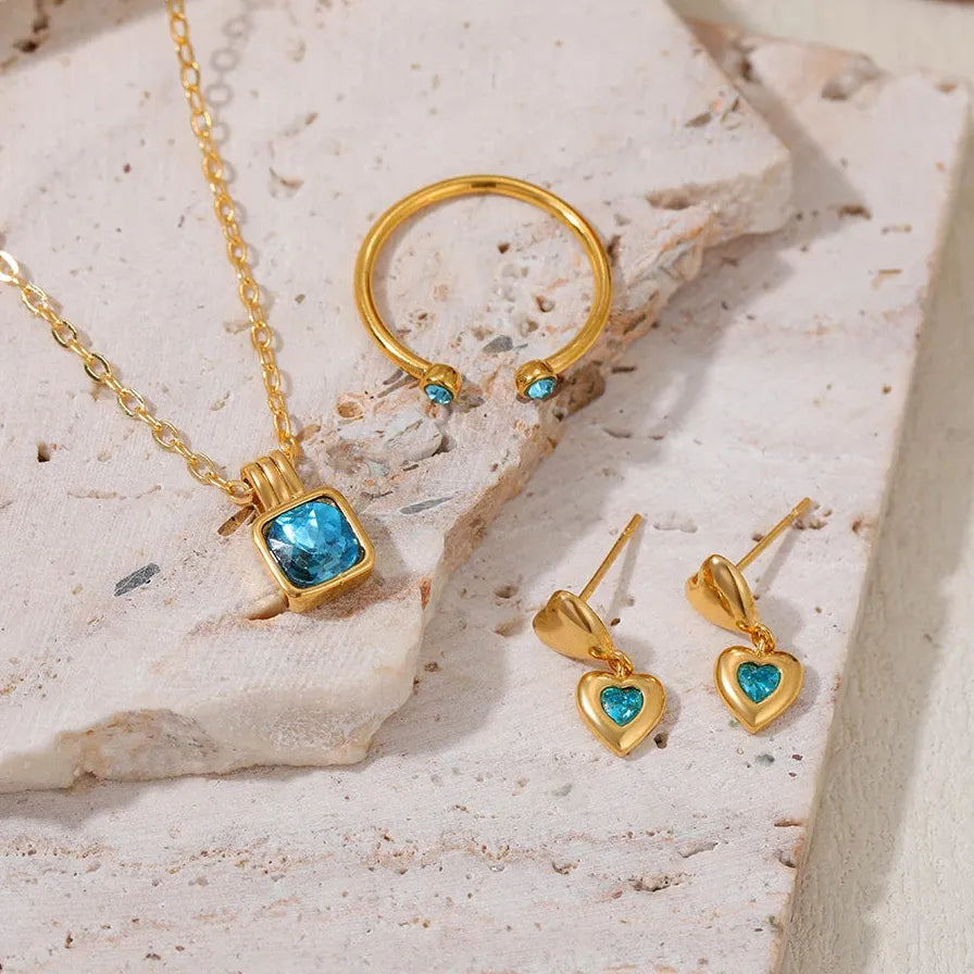 18K Gold Plated Blue Crystal Double Heart Earrings Necklace Ring Set Gift