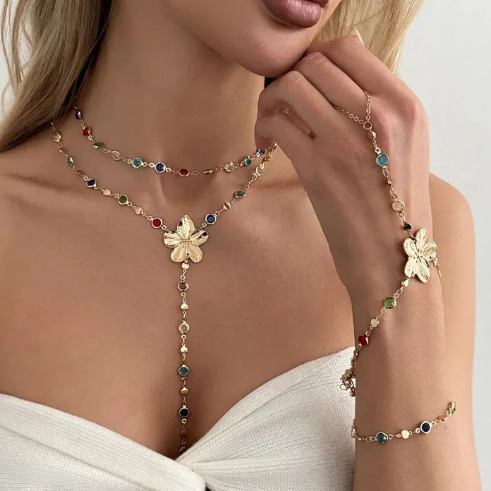 Boho Flower Pendant Necklace & Adjustable Crystal Chain Bracelet Set