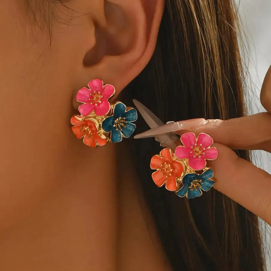 Vintage Metal Drip Oil Five Petal Flower Stud Earrings for Women Gift