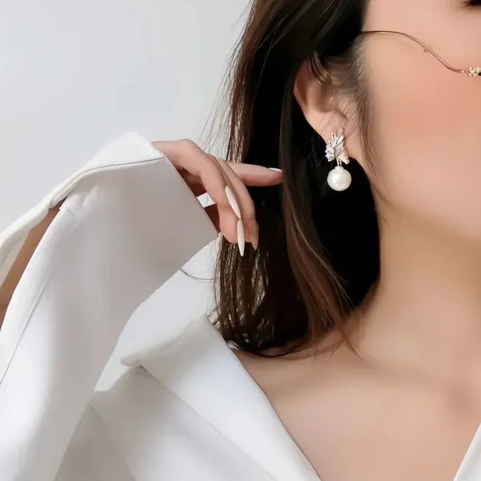 Geometric Leaf Imitation Pearl Drop Earrings for Bride Wedding Gift
