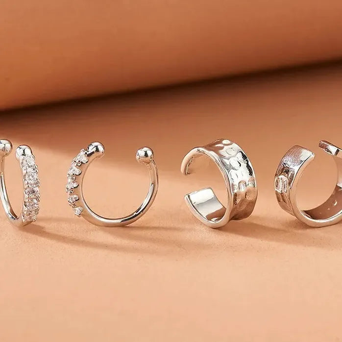 2Pcs Silver Crystal Clip Earrings Women Girls Minimalist Metal C-Shaped Ear Cuff Jewelry