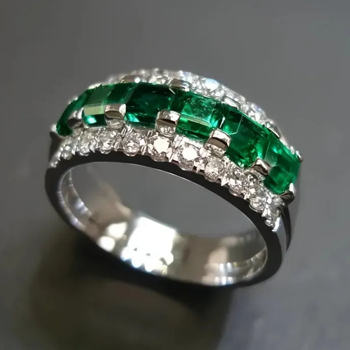 Luxury Dark Green Square Cubic Zirconia Wedding Band Ring for Women Silver Brass Fashion Jewelry