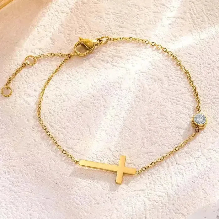 Gold Stainless Steel Cross Chain Bracelet for Women CZ Zircon Charm Gift