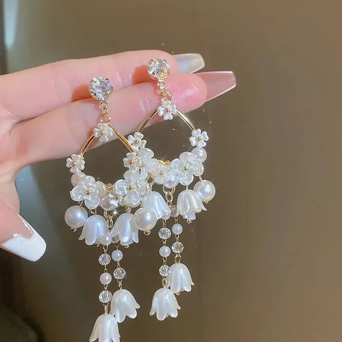 Inlaid Rhinestone Pearl Lily of the Valley Drop Earrings for Women Gift Jewelry