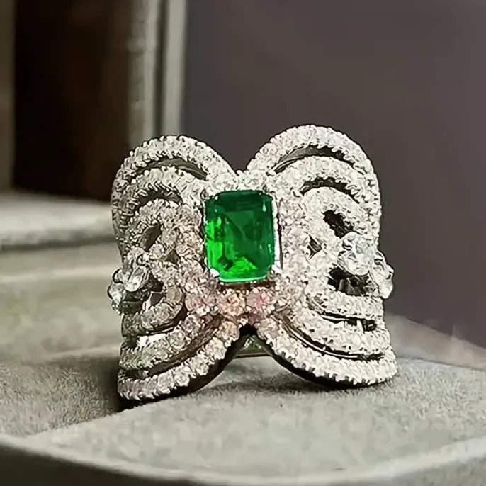 Luxury Women Wedding Ring with Geometric Green Cubic Zirconia Brass Fashion Jewelry