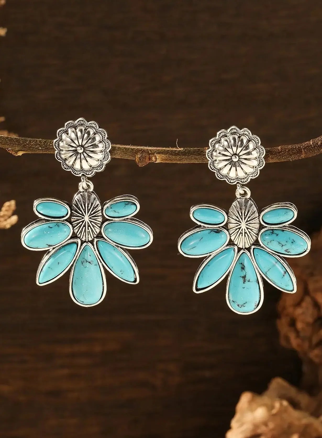 Vintage Tribal Ethnic Blue Rose Red Gemstone Zinc Alloy Earrings for Women