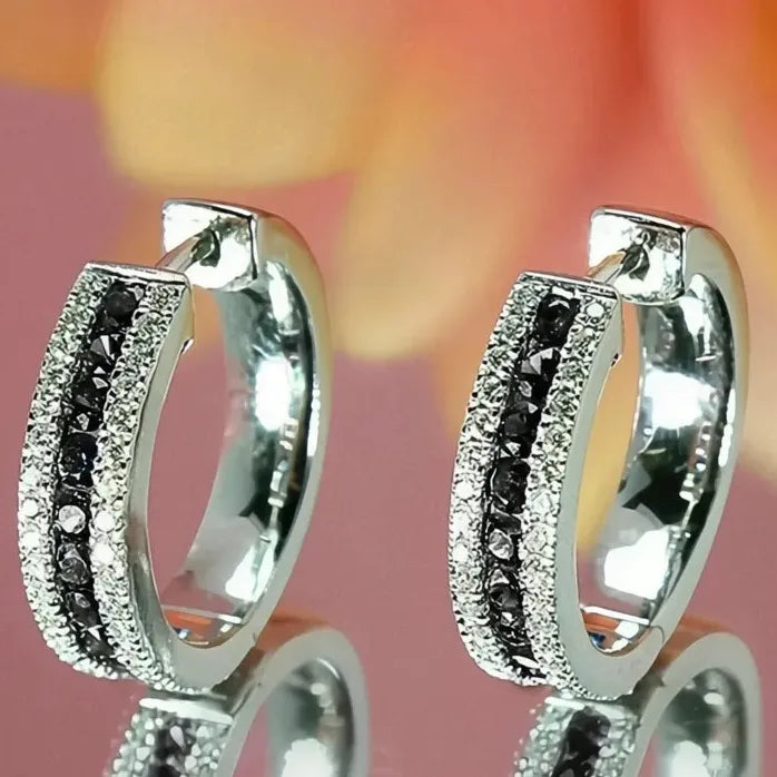 Silver Hoop Earrings with Blue Cubic Zirconia Geometric Design for Women