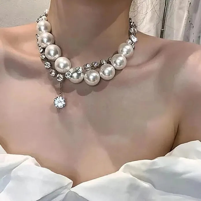 Double-Layer Punk Imitation Pearl Necklace Featuring Zircon Geometric Pendant for Men Women