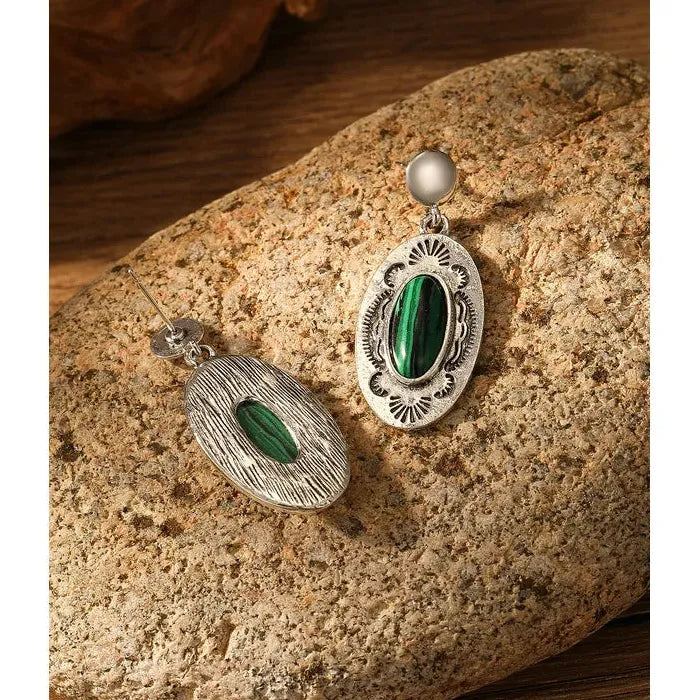 Vintage Bohemian Geometric Green Gemstone Pendant Earrings for Women Zinc Alloy