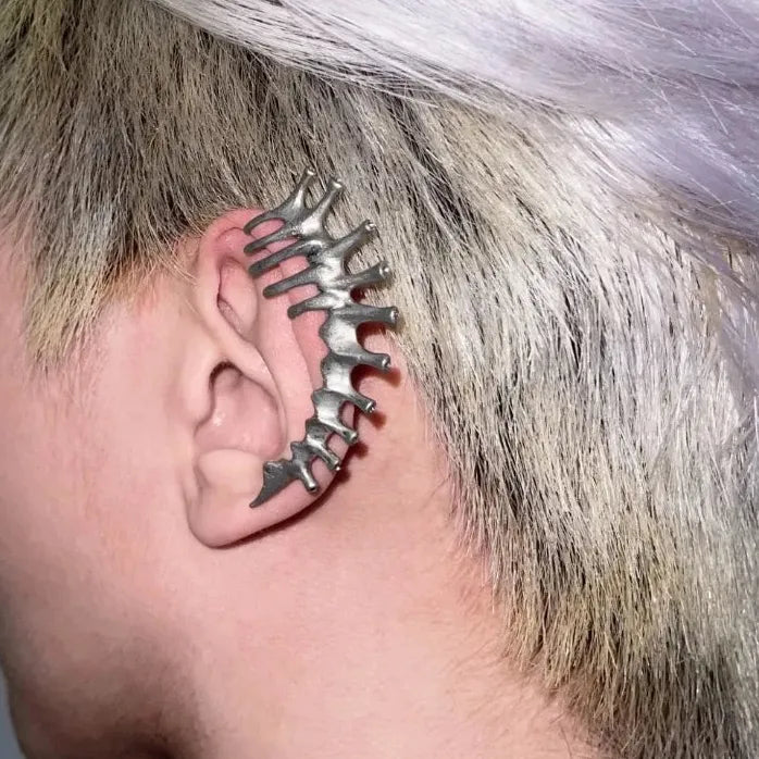 Vintage Punk Silver Thorn Spine Bone Clip-On Earrings Hiphop Jewelry Gift