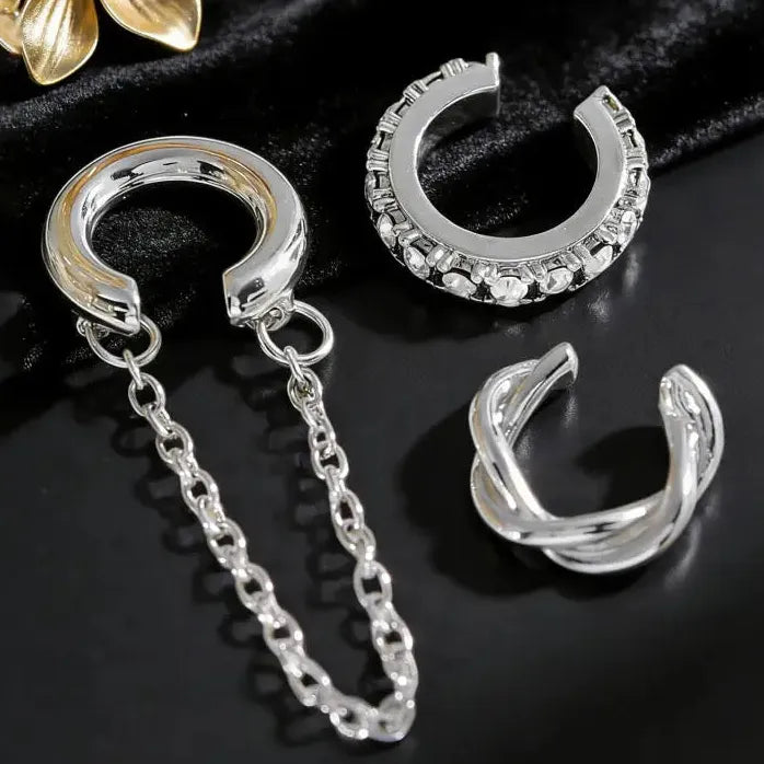 3Pcs C-Shaped Zircon Tassel Clip Earrings Fashion Jewelry Gifts
