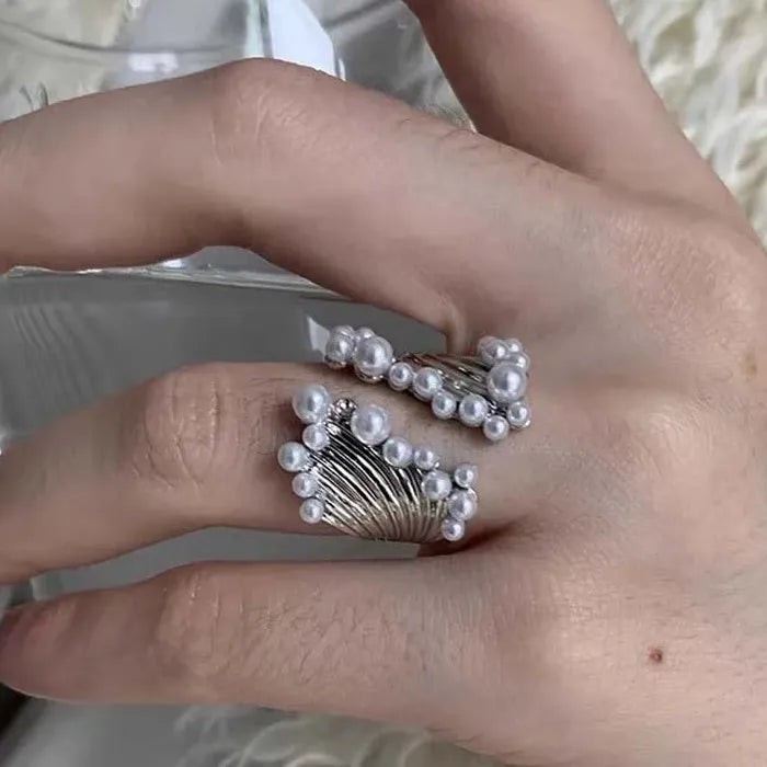 Adjustable Korean Silver Pearl Open Ring for Women Girls Fashion Jewelry