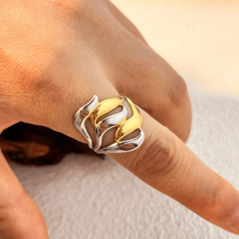 18K Gold Plated Stainless Steel Two-Tone Geometric Ripple Open Knuckle Ring