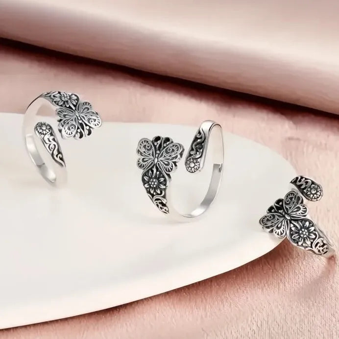 Elegant Women Silver Butterfly Flower Engraved Metal Ring Trendy Design