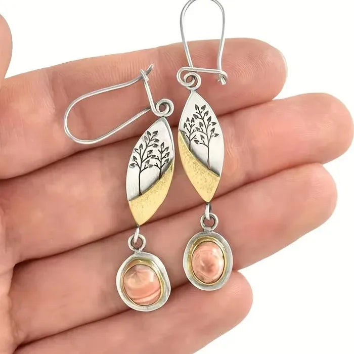 Silver Rose Gold Oval Tree Geometry Long Dangle Earrings for Women Zinc Alloy Jewelry