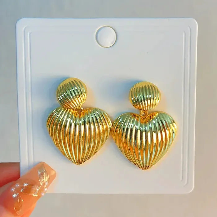 Striped Heart Drop Earrings for Women Gold Zinc Alloy Retro Ball