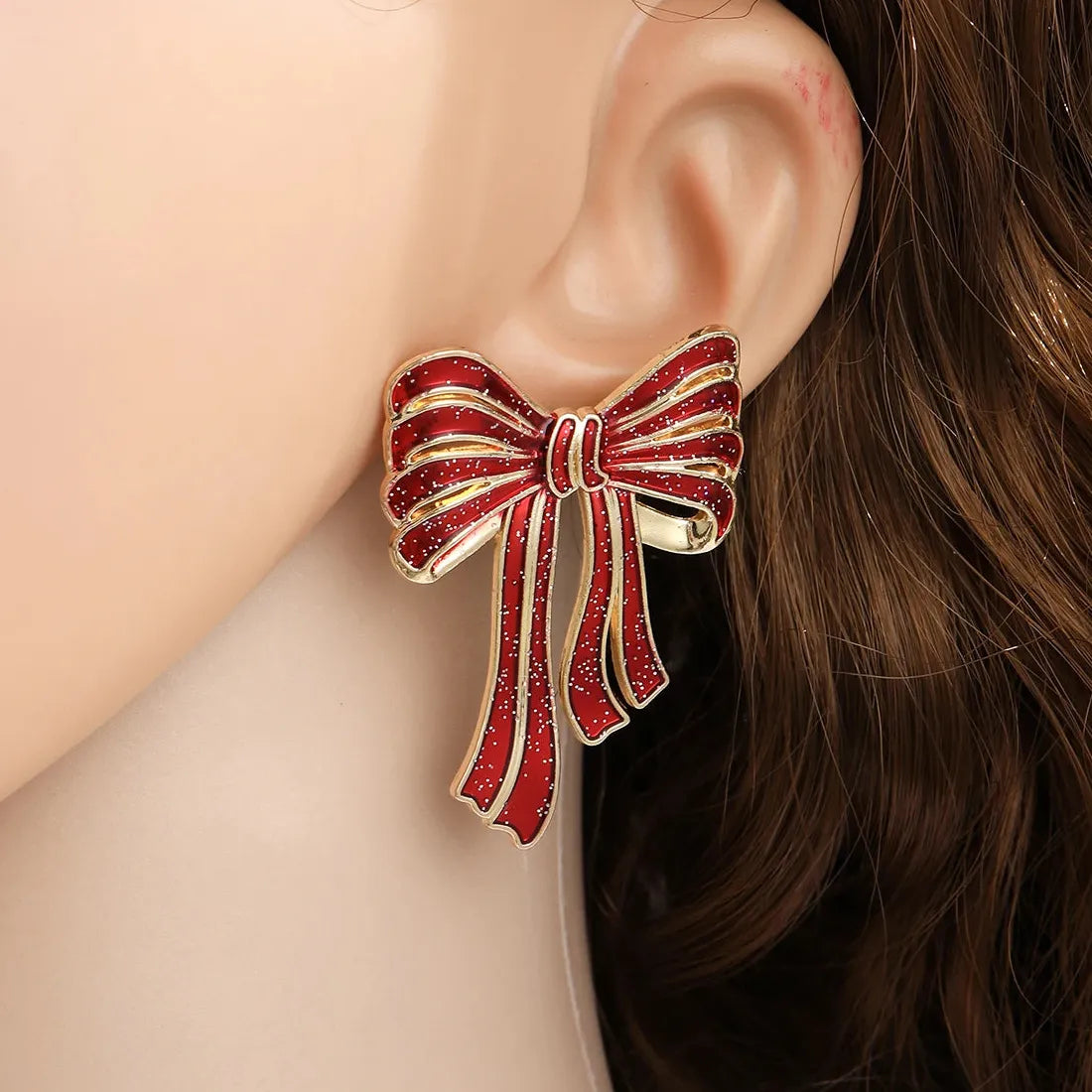 Red Big Bowknot Zinc Alloy Earrings for Women Christmas Gifts