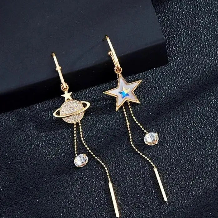 Pentagram Asymmetric Long Tassel Earrings Rhinestone Star Jewelry for Women