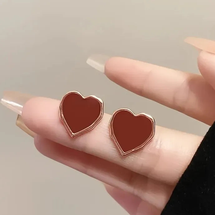 Romantic Red Heart Gold Color Copper Alloy Stud Earrings for Anniversary
