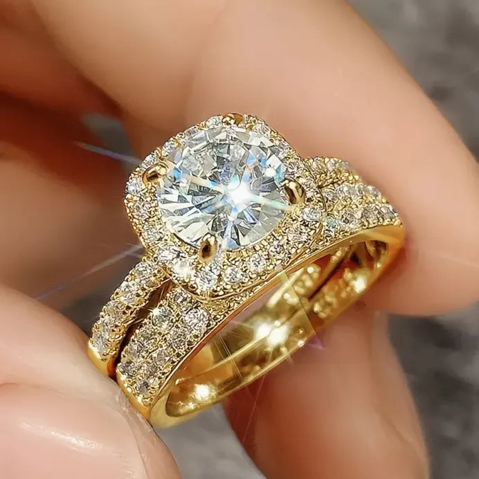 Classic Women’s 2-Piece Gold & Silver CZ Ring Set for Wedding Party