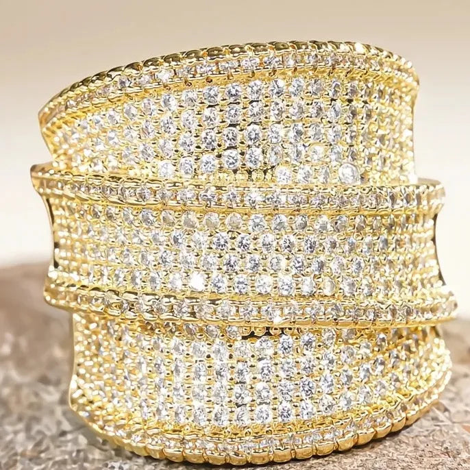 Luxury Wide Cocktail Ring for Women Wedding Party Fashion Brass Cubic Zirconia Jewelry Gold/Silver Color