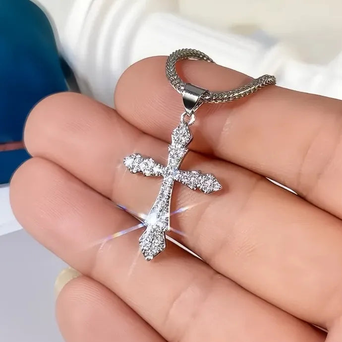 Women Silver Cross Pendant Necklace CZ Shining Party Jewelry Copper Alloy