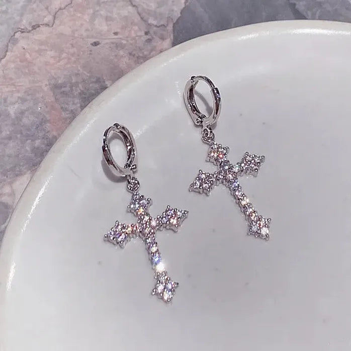 Punk Cross Drop Earrings Crystal Zircon Hiphop Fashion Jewelry Gifts