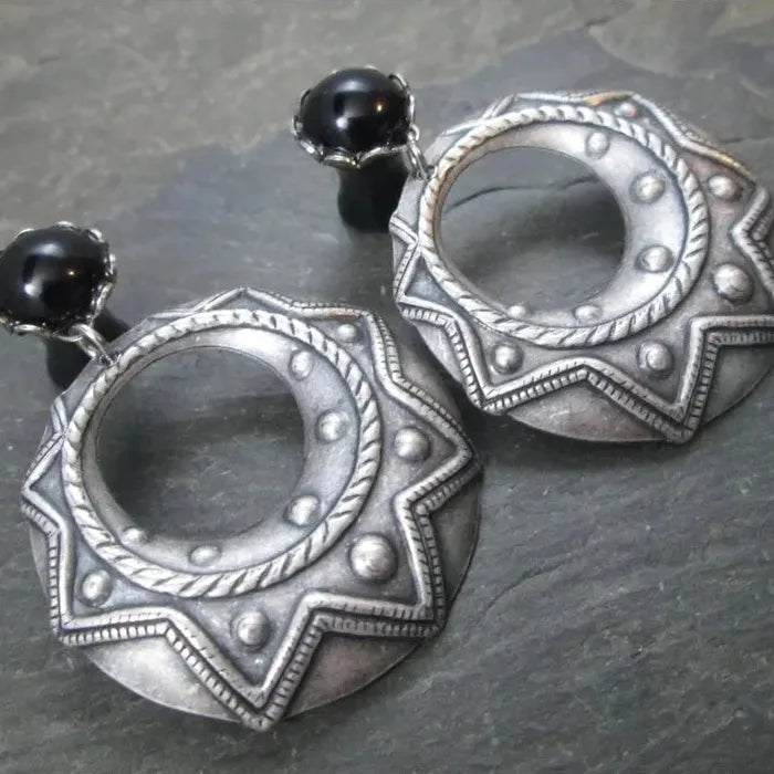 Bohemian Ethnic Retro Women's Earrings Black Stone Carving Flower Geometric Pendant Zinc Alloy Jewelry