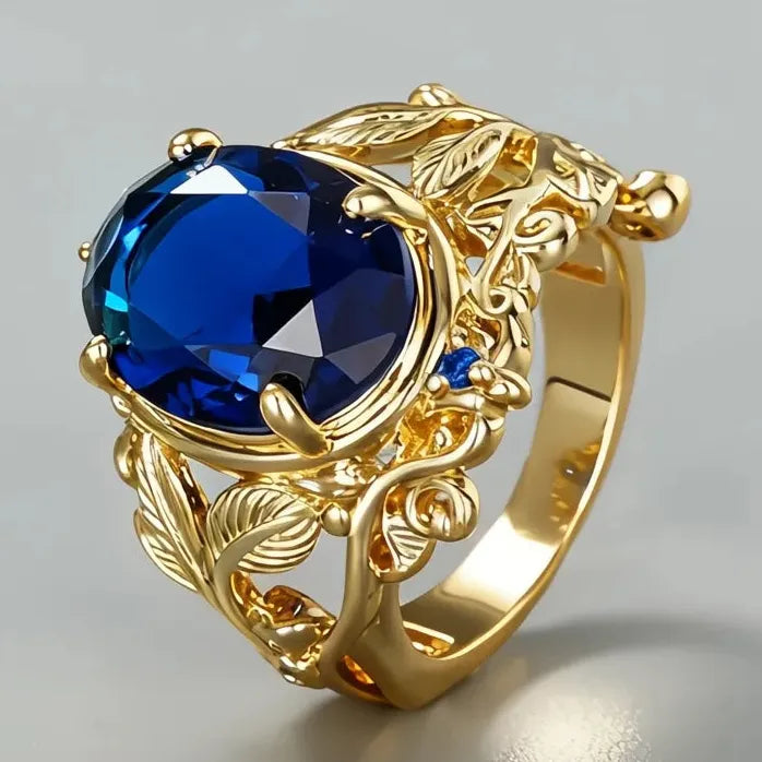 Elegant Women's Brass Ring with Blue Cubic Zirconia Leaf Design Wedding Jewelry