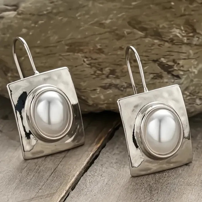 Vintage Boho Hammered Brass Square Earrings with Pearl Dangle for Women