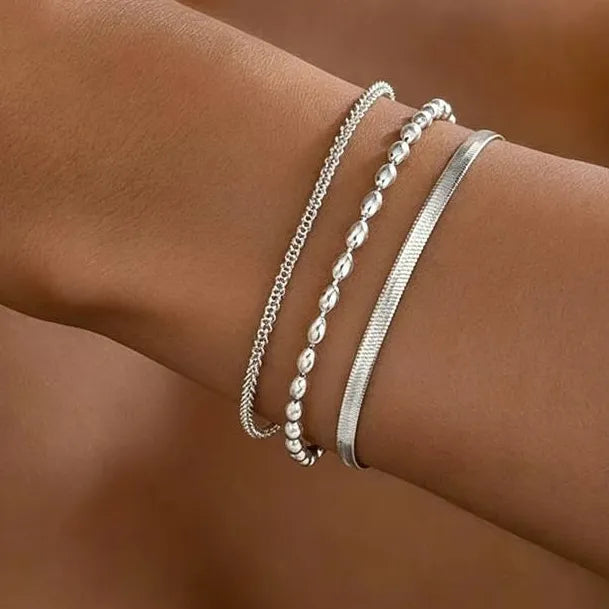 3Pcs Titanium Steel Stainless Steel Cuban Beaded Bracelets for Women Men
