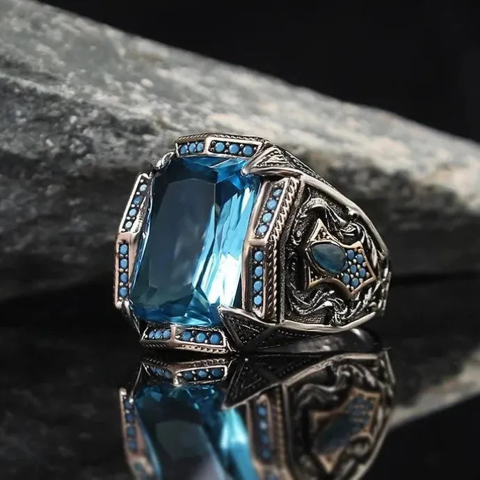 Retro Handmade Turkish Silver Signet Ring Men Green Zircon Carving Pattern