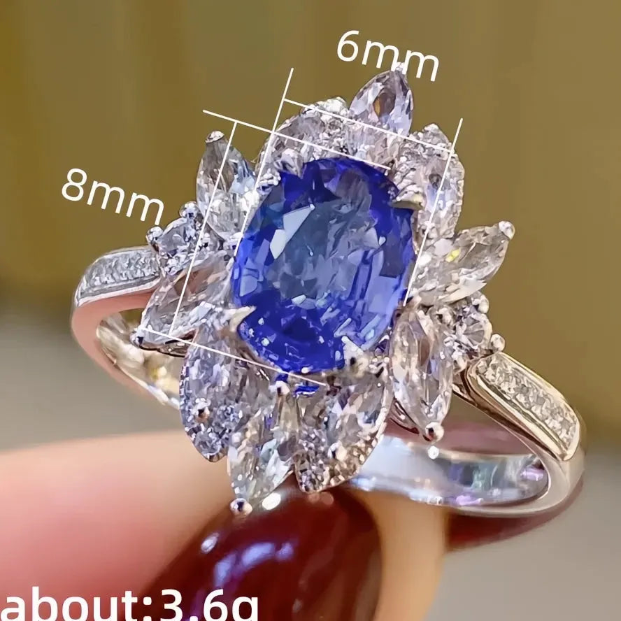 Blue Cubic Zirconia Brass Ring for Women Wedding Anniversary Party Fashion Jewelry Gift
