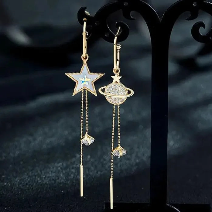 Pentagram Asymmetric Long Tassel Earrings Rhinestone Star Jewelry for Women