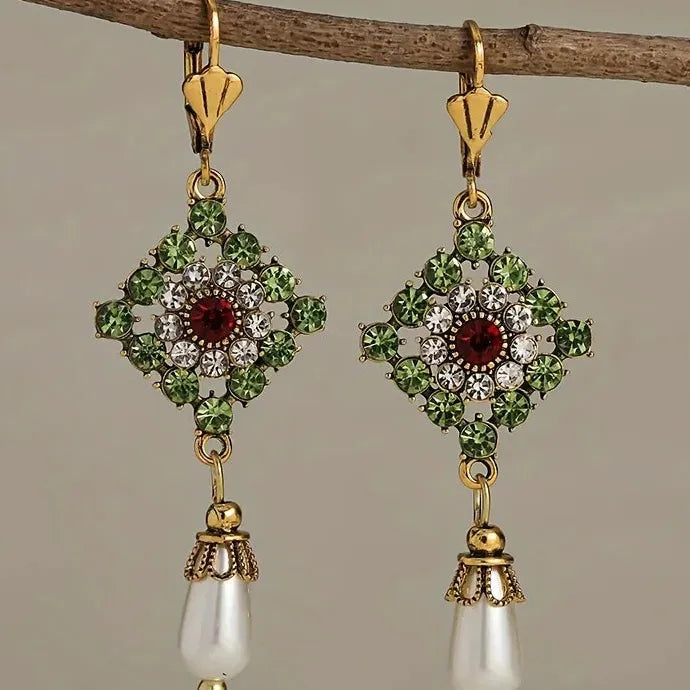 Gold Color Drop Earrings with White Red Green Stones & Imitation Pearls for Women