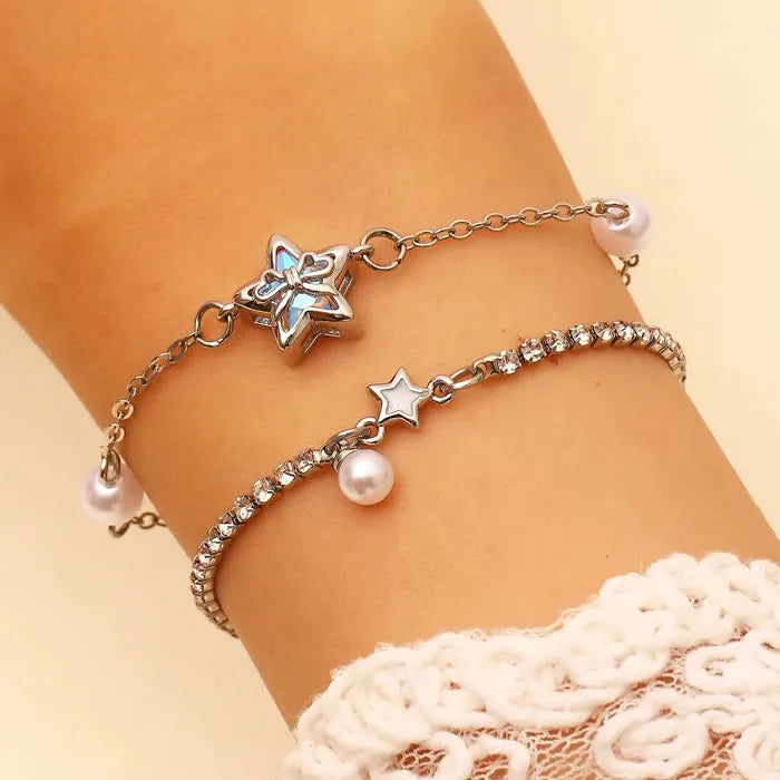 Zinc Alloy Star Zircon Stud Earrings with Bow Pearl Necklace & Bracelet Set