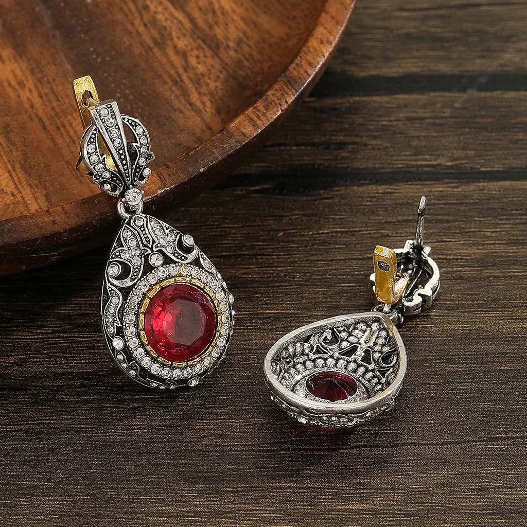 Silver Round Water Drop Flower Earrings with Red Stone for Women Party