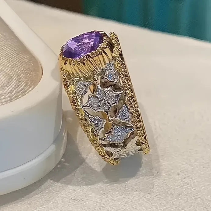 Two Tone Purple CZ Geometric Luxury Trendy Women's Wedding Band Ring