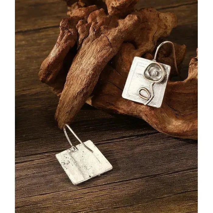 Vintage Zinc Alloy Metal Square Geometric Floral Carving Pendant Drop Earrings for Women