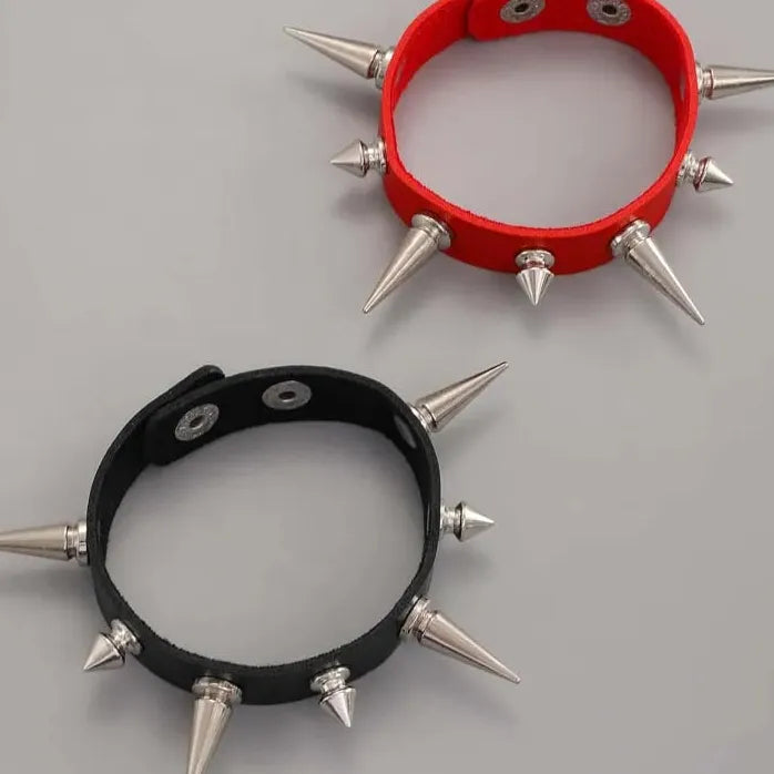 Punk Gothic Metal Spike Rivets Chain Cuff Bracelet Black PU Leather Adjustable Wristband